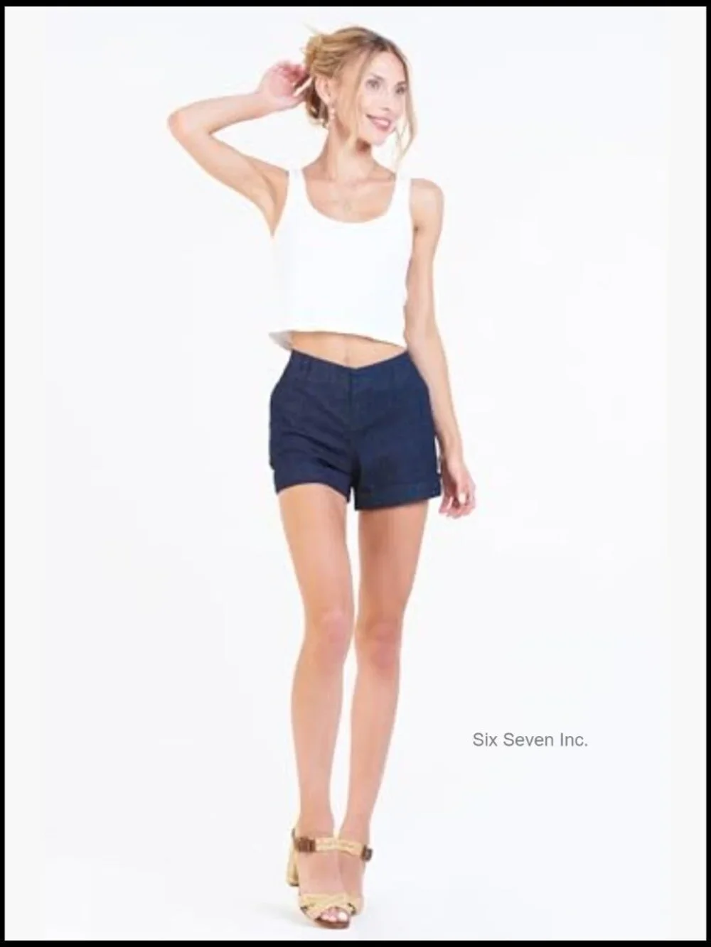 Low Rise Denim Shorts Tailored Trouser Fit Cuffed Hem Stretch